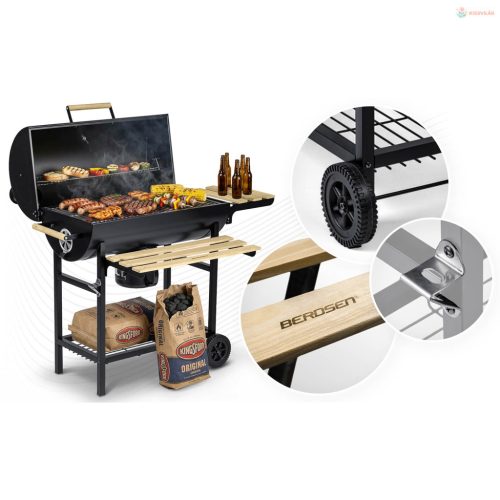 Berdsen kerti hordó grill kéménnyel, polcokkal és hőmérővel – fekete