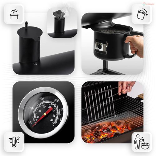 Berdsen kerti hordó grill kéménnyel, polcokkal és hőmérővel – fekete