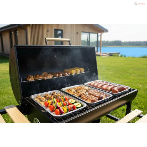 Berdsen kerti hordó grill kéménnyel, polcokkal és hőmérővel – fekete