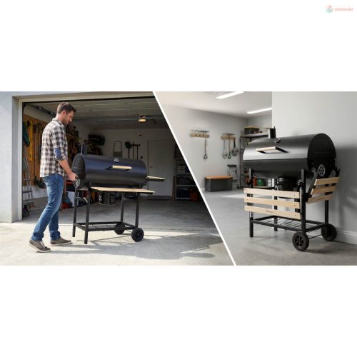 Berdsen kerti hordó grill kéménnyel, polcokkal és hőmérővel – fekete