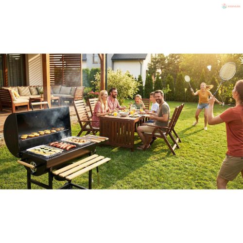 Berdsen kerti hordó grill kéménnyel, polcokkal és hőmérővel – fekete
