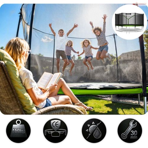 Kerti trambulin 12FT/374 cm külső védőhálóval és létrával Neo-Sport – zöld