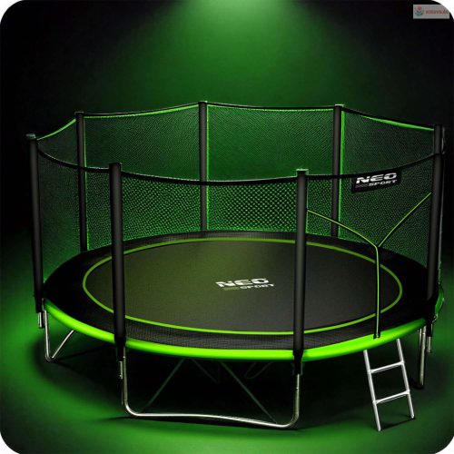Kerti trambulin 13FT/404 cm külső védőhálóval és létrával Neo-Sport – zöld