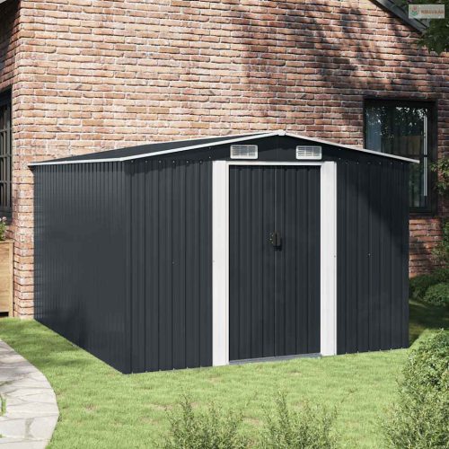 Antracitszürke fém kerti fészer 257 x 298 x 178 cm