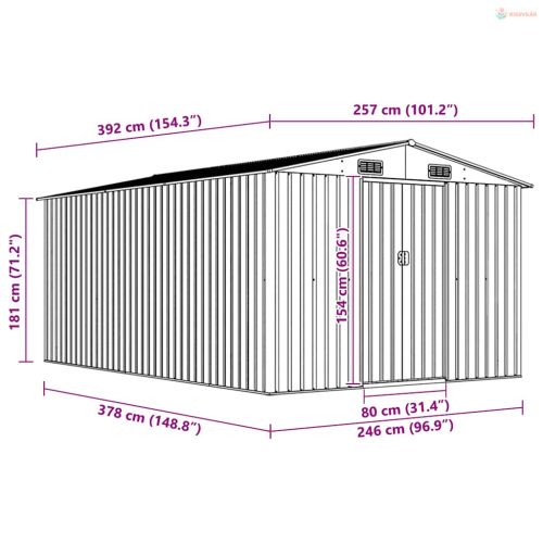 Zöld fém kerti fészer 257 x 392 x 181 cm