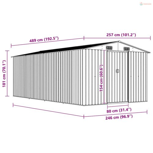Szürke fém kerti fészer 257 x 489 x 181 cm