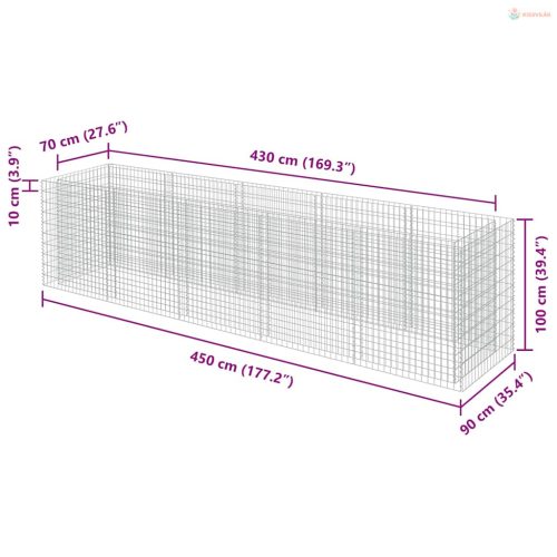 Horganyozott acél gabion magaságyás 450 x 90 x 100 cm