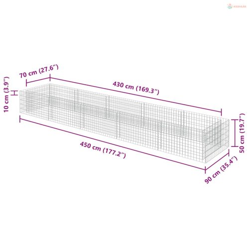 Horganyzott acél gabion magaságyás 450 x 90 x 50 cm