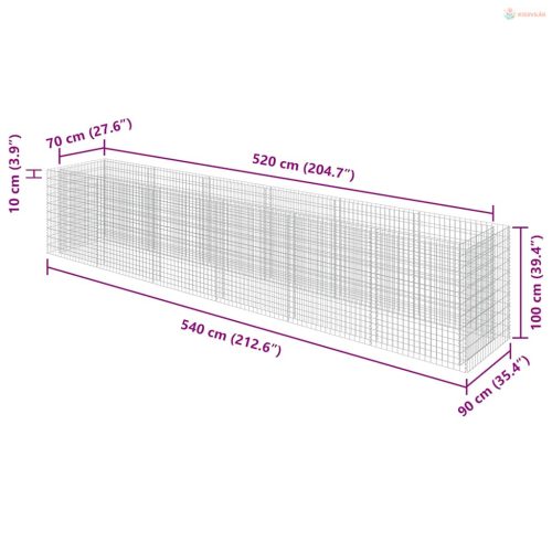 Horganyzott acél gabion magaságyás 540 x 90 x 100 cm