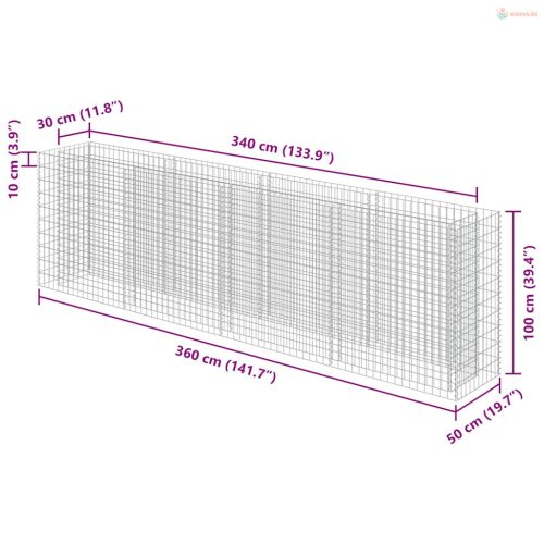 Horganyzott acél gabion magaságyás 360 x 50 x 100 cm