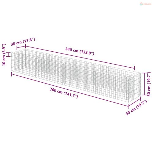 Horganyzott acél gabion magaságyás 360 x 50 x 50 cm