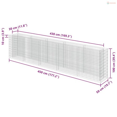 Horganyzott acél gabion magaságyás 450 x 50 x 100 cm