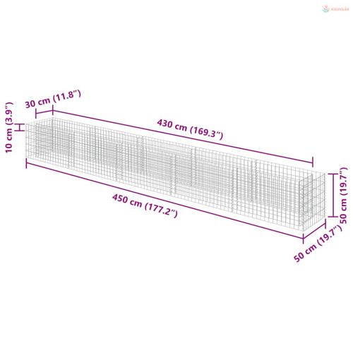 Horganyzott acél gabion magaságyás 450 x 50 x 50 cm