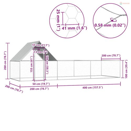 Horganyzott acél tyúkól 6 x 2 x 2 m