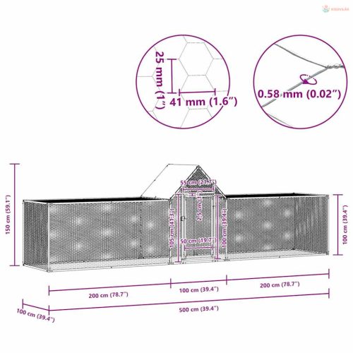 Horganyzott acél tyúkól 5 x 1 x 1,5 m