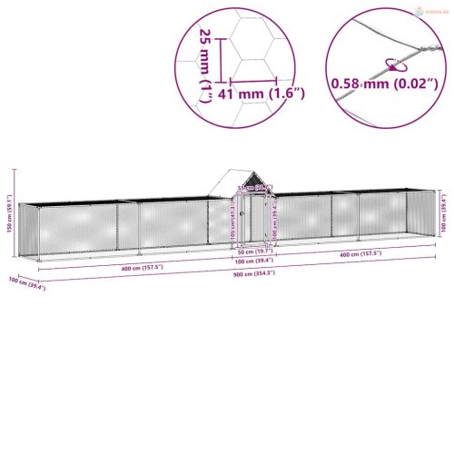 Horganyzott acél tyúkól 9 x 1 x 1,5 m
