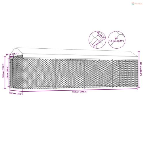 Kültéri kutyakennel tetővel 760 x 190 x 225 cm