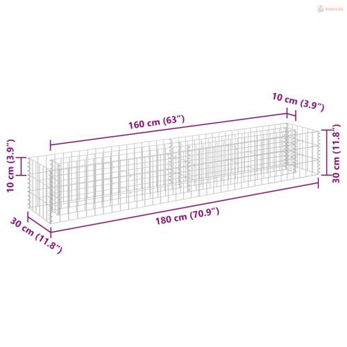 Horganyzott acél gabion magaságyás 180 x 30 x 30 cm