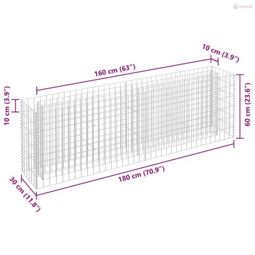 Horganyzott acél gabion magaságyás 180 x 30 x 60 cm
