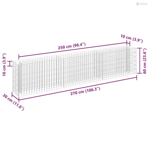 Horganyzott acél gabion magaságyás 270 x 30 x 60 cm