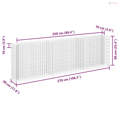Horganyzott acél gabion magaságyás 270 x 30 x 90 cm