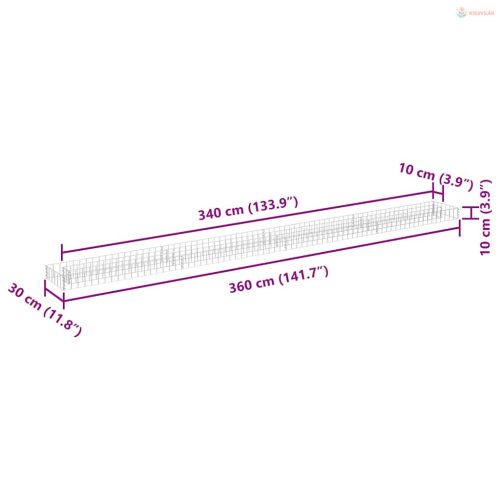 Horganyzott acél gabion magaságyás 360 x 30 x 10 cm