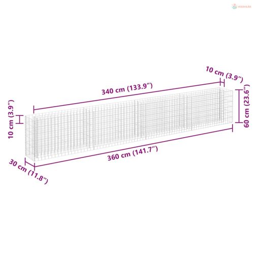 Horganyzott acél gabion magaságyás 360 x 30 x 60 cm