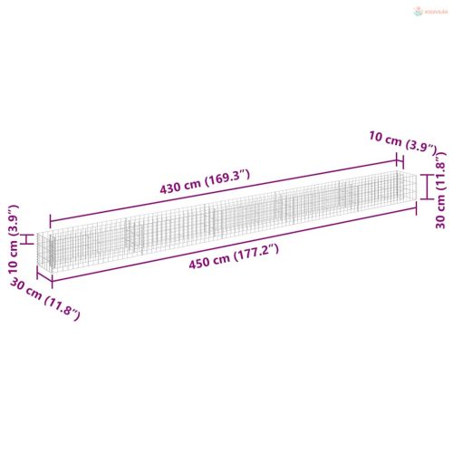 Horganyzott acél gabion magaságyás 450 x 30 x 30 cm