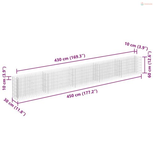 Horganyzott acél gabion magaságyás 450 x 30 x 60 cm
