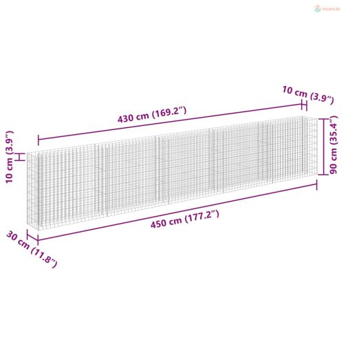 Horganyzott acél gabion magaságyás 450 x 30 x 90 cm