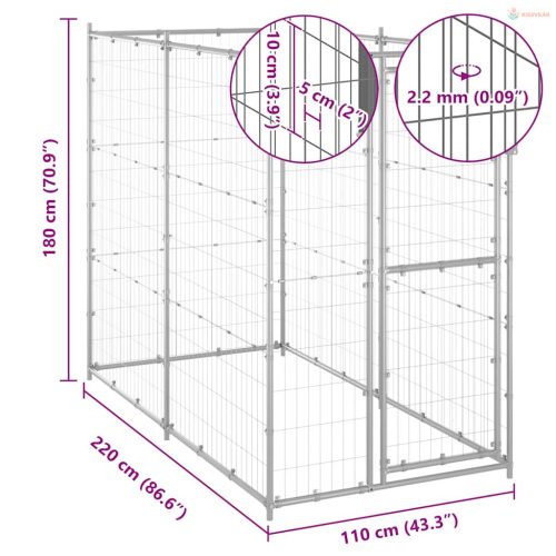 Kültéri horganyozott acél kutyakennel 110 x 220 x 180 cm