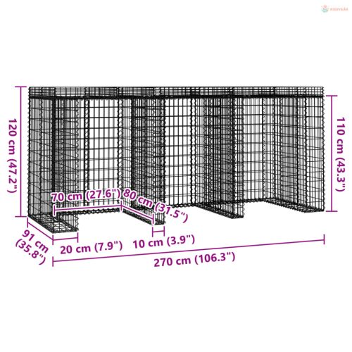 Horganyzott vas gabionkosár szemeteskukához 270 x 91 x 120 cm