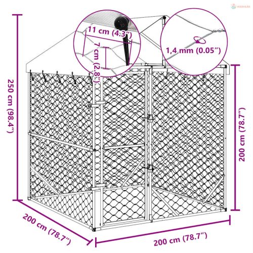 Ezüstszínű horganyzott acél kutyakennel tetővel 2x2x2,5 m