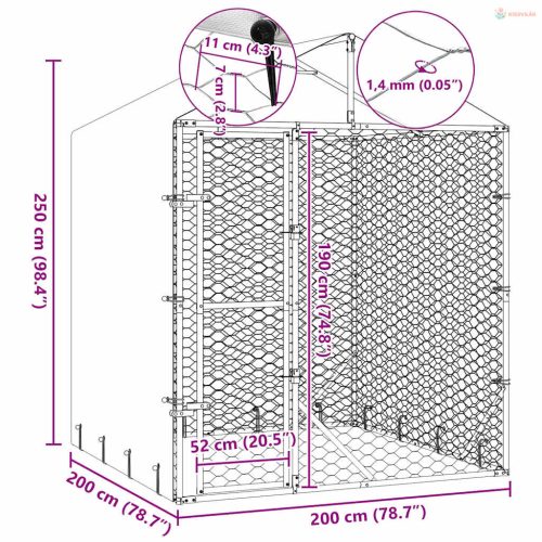 Ezüstszínű horganyzott acél kutyakennel tetővel 2x2x2,5 m