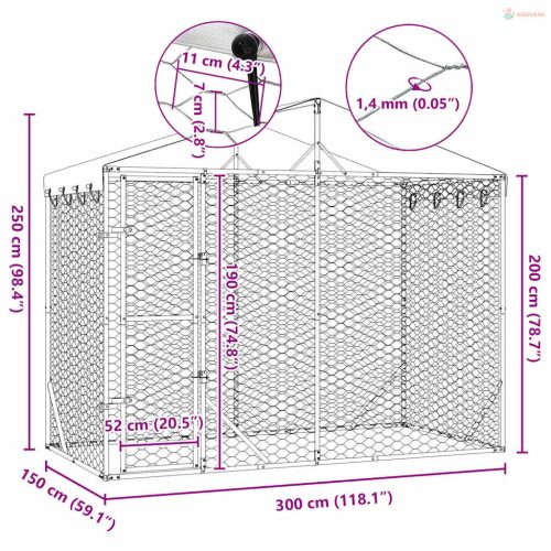 Ezüstszínű horganyzott acél kutyakennel tetővel 3x1,5x2,5 m