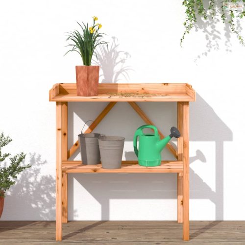Barna tömör fenyőfa növénytartó asztal polccal 78x38x82,5 cm