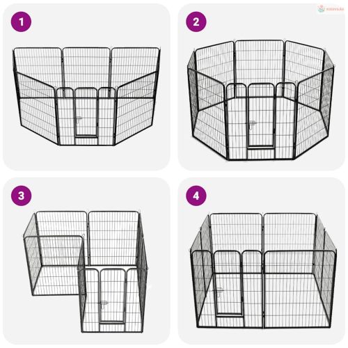 Fekete színű acél kutyakennel 8 panelből 80 x 100 cm
