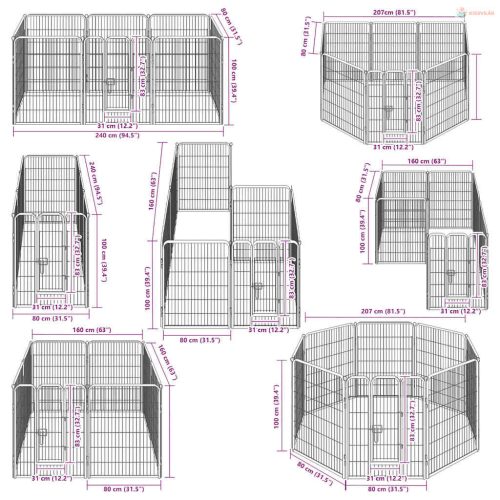 Fekete színű acél kutyakennel 8 panelből 80 x 100 cm