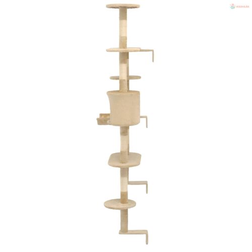 Bézs falra szerelhető macskabútor szizál kaparófákkal 194 cm
