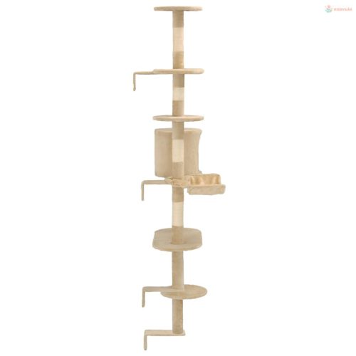 Bézs falra szerelhető macskabútor szizál kaparófákkal 194 cm