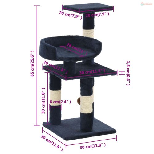 Kék macskabútor szizál kaparófákkal 65 cm