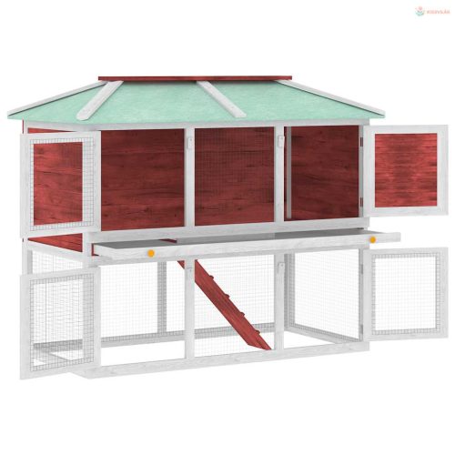 Piros kétszintes fa nyúlketrec