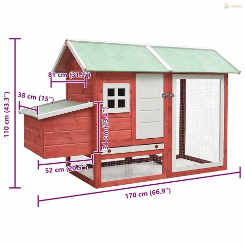 Piros tömör fenyő- és jegenyefa tyúkól 170 x 81 x 110 cm