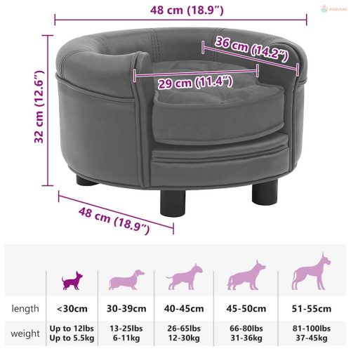 Szürke plüss és műbőr kutyakanapé 48 x 48 x 32 cm