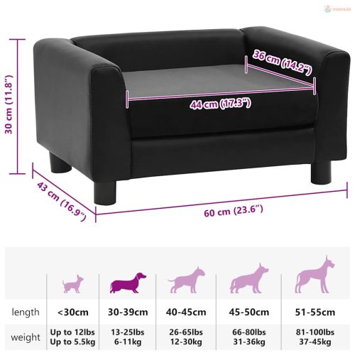 Fekete plüss és műbőr kutyakanapé 60 x 43 x 30 cm