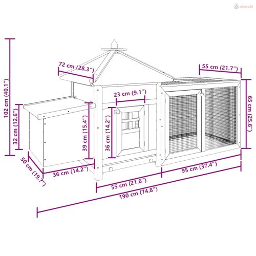 Mokkaszínű tömör fenyőfa tyúkól tojóládával 190 x 72 x 102 cm