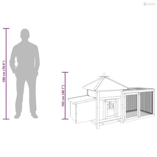 Mokkaszínű tömör fenyőfa tyúkól tojóládával 190 x 72 x 102 cm