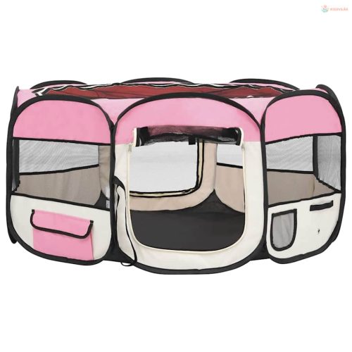 Rózsaszínű összecsukható kutyakennel hordtáskával 145x145x61 cm