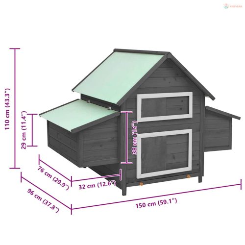 Szürke-fehér tömör fenyőfa tyúkól 150 x 96 x 110 cm