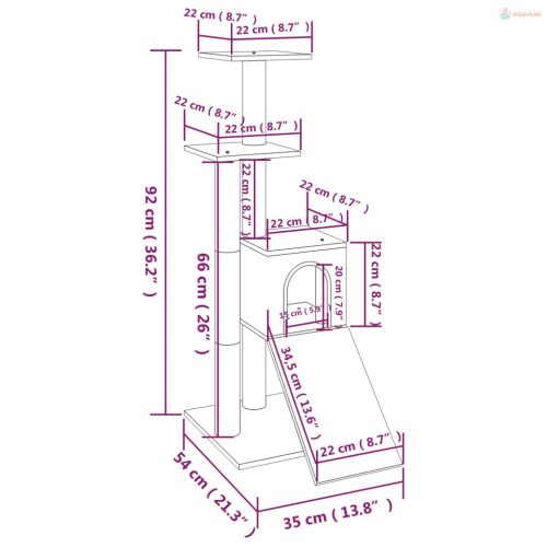 Sötétszürke macskabútor szizál kaparófákkal 92 cm